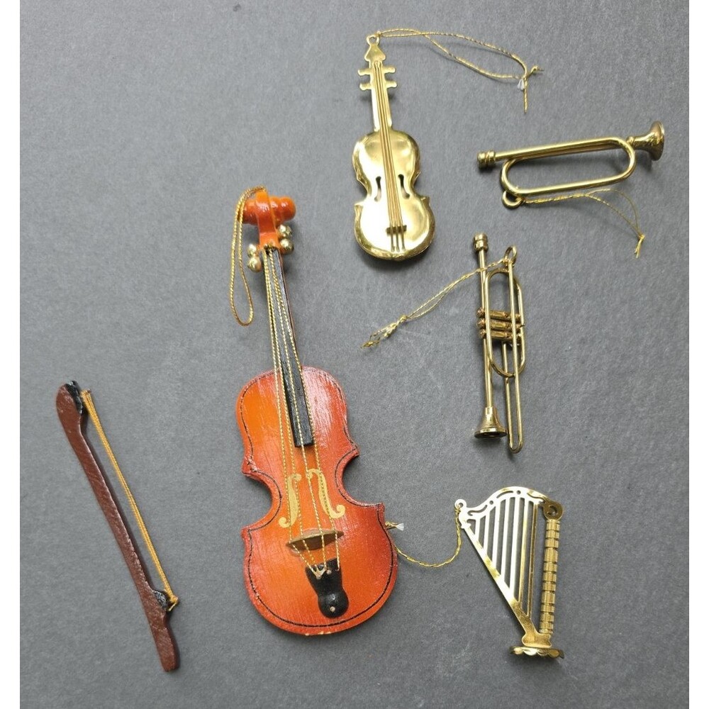 Vintage Miniature Musical Instrument Ornaments Set of 6 Violin Harp Trumpet